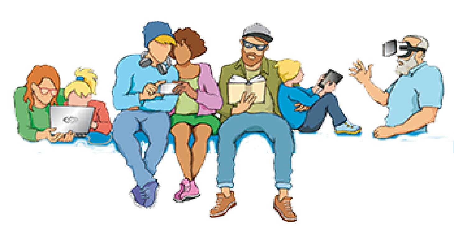 Illustration von Menschen unterschiedlichen Alters, die digitale Geräte wie Laptop, Tablet, Smartphone und VR-Brille nutzen.